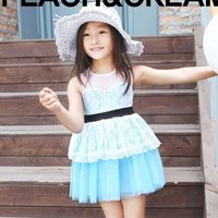 ชุดเดรสเด็กผู้หญิงสีฟ้า ตกแต่งด้วยผ้าลูกไม้สีขาว