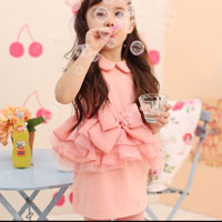 ชุดเดรสเด็กผู้หญิง สีชมพู แขนกุด ติดโบว์ที่เอว