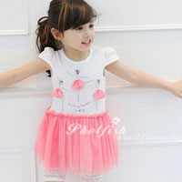 ชุดเดรสเด็กผู้หญิง เสื้อขาว กระโปรงสีชมพูพองฟู