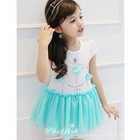 ชุดเดรสเด็กผู้หญิง เสื้อขาว กระโปรงสีเขียวพองฟู