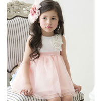 ชุดเดรสเด็กผู้หญิง เสื้อขาว กระโปรงพองฟูสีชมพู ติดโบว์ที่อก