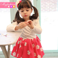 ชุดเดรสเด็กผู้หญิง แขนยาว เสื้อขาว กระโปรงชมพูลายดอกไม้