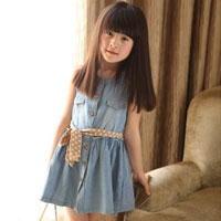 ชุดเดรสเด็กยีนส์ผู้หญิง แขนกุด พร้อมผ้าคาดเอว