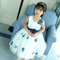 ชุดเดรสสีขาว กระโปรงพองฟู ประดับดอกไม้สีน้ำเงิน