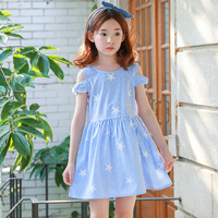 ชุดเดรสเด็กผู้หญิง เปิดไหล่สีฟ้า