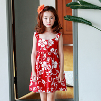 ชุดเดรสเด็กผู้หญิง สีแดง แขนกุด ลายดอกไม้