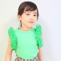 เสื้อเด็กผู้หญิง คอกลม สีเขียว มีระบายที่แขน