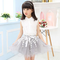 ชุดเซ็ตเด็กผู้หญิง เสื้อสีขาว กระโปรงพองฟูประดับลูกไม้