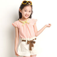 ชุดเซ็ตเด็กผู้หญิง เสื้อสีชมพู กางเกงสีขาวพร้อมผ้าคาดเอว