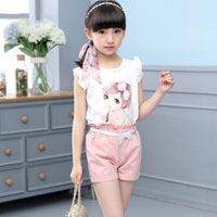 ชุดเซ็ตเด็กผู้หญิง เสื้อขาวลายการ์ตูน พร้อมกางเกงขาสั้นสีชมพู