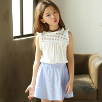 ชุดเซ็ตเด็กผู้หญิง เสื้อแขนกุดสีขาว กระโปรงสีฟ้าประดับมุก