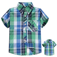 เสื้อเด็กผู้ชาย ลายสก็อต สีเขียวสลับฟ้า