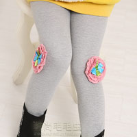 กางเกงเลกกิ้งเด็กโต สีเทา ประดับดอกไม้ที่เข่า