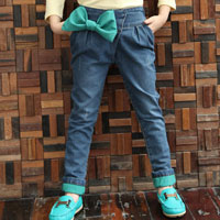 กางเกงยีนส์เด็กผู้หญิง ติดโบว์สีเขียว สำหรับเด็กโตสูง 120-160 ซม.