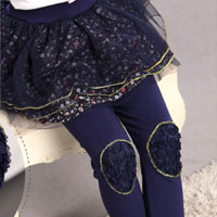 เลกกิ้งกระโปรงระบาย สีน้ำเงิน หัวเข่าประดับดอกไม้