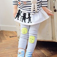 กางเกงเลกกิ้งเด็กผู้หญิง สีเทา มีหน้าการ์ตูนติดหัวเข่า